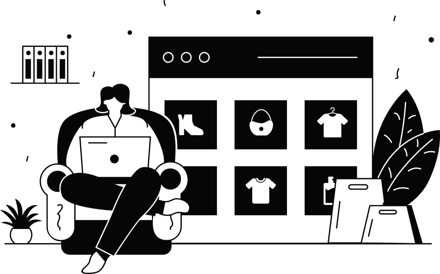 Illustrazione di una persona seduta al computer con dietro uno schermo con esempi di categorie ecommerce.