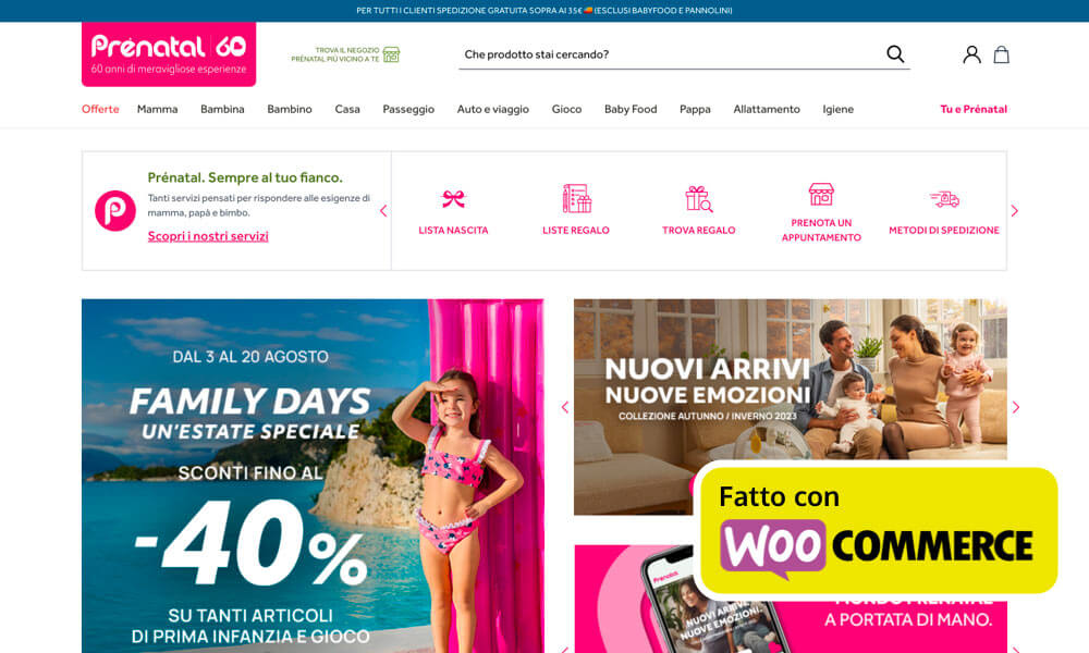 Screenshot dello store online di Prenatal ecommerce realizzato con WordPress